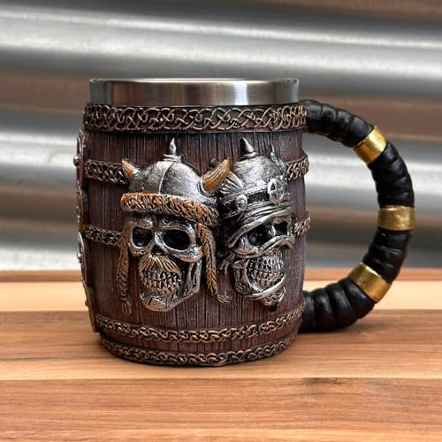 Jarra Vikinga de Calaveras 3D de 400 ml | Taza Medieval con Interior de Acero Inoxidable y Asa Estilo Cuerno | Jarra de Cerveza Fantasy para Fiestas, Halloween, Cosplay y Decoraciónp 39493