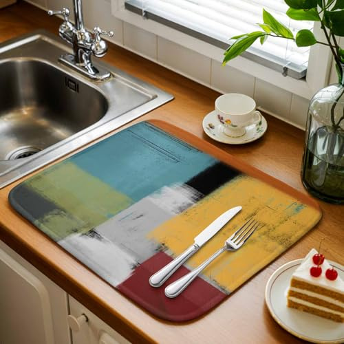Kitchen Drying Mat for Counter Abstract Aesthetic Watercolor Painting Absorbent Dish Mats Foldable Microfiber Drainer Pad Geometric Art Color Block Plate Holder Mat for Countertop Sink Decor