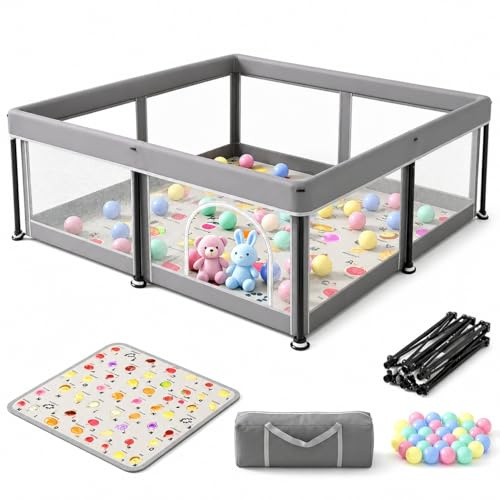 Corralito plegable para bebés con alfombrilla lavable a máquina y pelotas de piscina de bolas, gran parque de juegos portátil para niños pequeños, valla de seguridad resistente con montaje en 1 minuto