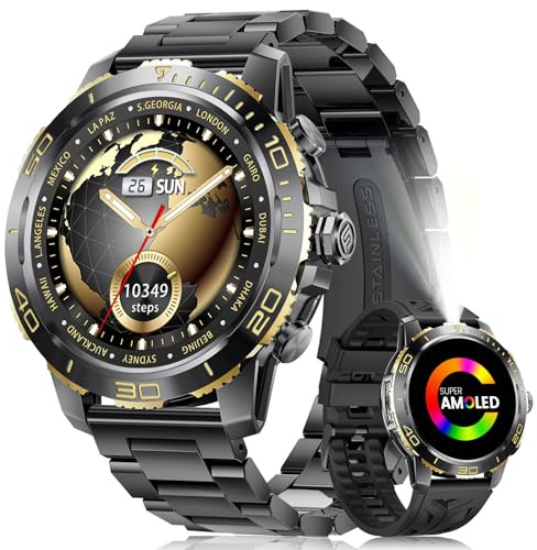 CHOOSETIME Reloj Inteligente Hombre con Linterna/800mAh Batería, 1.43 AMOLED Lujo Smartwatch Hombre con Llamadas Bluetooth, Monitor de Sueño, IP68 Impermeable, 200+ Modos Deportivos para Android iOS