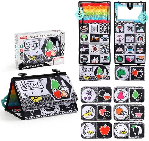 Sukizifa Foldable Cloth Book with Mirror, Black White Fruit Pattern High Contrast Sensory Book, Portable Visual Stimulation Fabric Book for Family Daily Use