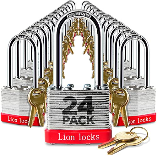 Lion Locks 24 Keyed Alike Padlocks with 2 Long Shackle, 48 Keys - Padlocks for Outdoor Use, Locks with Keys, Hardened Steel Case, Pick Resistant Brass Pin Cylinder for Hasp Latch, Locker, Gate