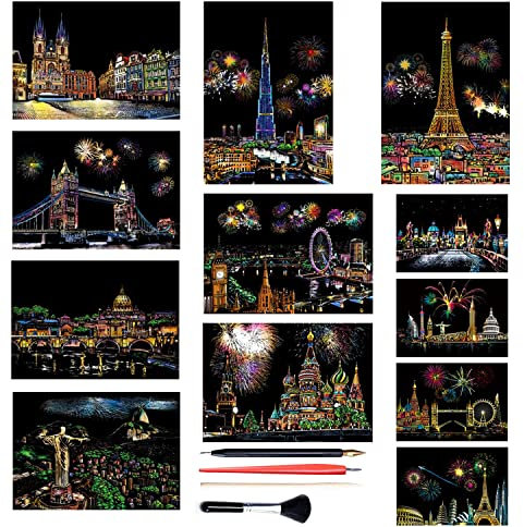 Georgie Porgy Kratzbilder Set DIY Bastelsets für Erwachsene Kinder Magic Rainbow Kratzpapier A4 Kunstkartons für Weihnachten Geburtstagsgeschenk mit Kratzwerkzeuge Kit (Schönheit Feuerwerk Stadt)