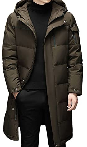 sunongvt Mens Hooded White Duck Down Jackets Mid Length Winter Thick Warm Fashion Zipper Parka Coat with Pockets,Green Coffee,XL