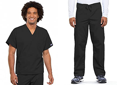 Conjunto de exfoliante Cherokee para hombres y mujeres, ajuste tradicional, parte superior con cuello en V 4777 y pantalón cargo con cordón de tiro natural 4100, Negro, L Top / L Pant