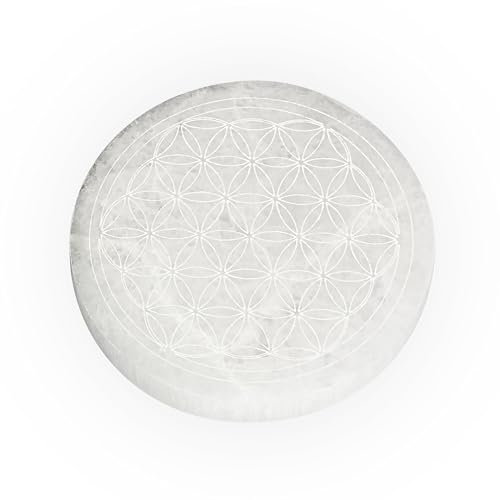NKlaus - Disco de flor de la vida de selenita (12 cm, piedra de recarga grabada, flor de la vida, energizante, ideal para Reiki, meditación y decoración