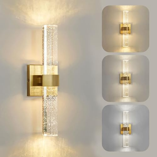 YOOCHUENG Lampada Cristallo da Parete Interno Oro,Luci da Parete Art Déco,Cablata Fissa,Foratura,Tricolore (Calda/Bianca/Neutra),per Camera da Letto,Sala di Soggiorno,Corridoi
