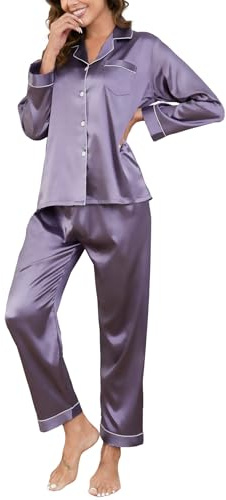 Reliwel Pyjama Femme Satin à Manches Longues Ensemble de Pyjama Femme Boutonné en Satin Pyjama Soie pour Femme Vêtements de Nuit Toutes Les Saisons 2 Pièces