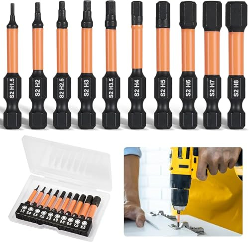 Bohoray 10 Pcs Hex Allen Key Drill Bit Set, Impact Hex Head Allen Wrench Set, S2 Steel Magnetic Hexagon Screwdriver Bit Set, 2” Long Magnetic Allen Wrench H1.5-H8