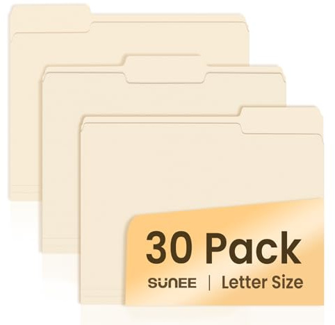 SUNEE File Folders, 30 Pack Manilla Folders 8.5 x 11, 1/3 Cut Tab for Easy Labeling and Organization, Durable Standard Paper for Home, Office, School Filing