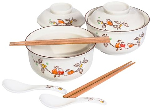 Ceraozmus Ceramic Ramen Bowl Set, 800ml with Lid, Spoon and Chopsticks, Japanese Vintage Large Soup Bowls Instant Noodle Bowl Asian Tableware (Vogel*2)