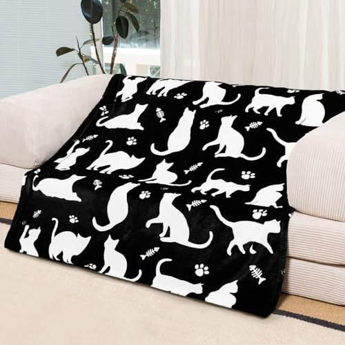 WMBLKT Cat Pattern Throw Blanket, Black and White,Warm and Soft Blankets Gifts for Women Men Kids,Suitable for Bedroom, Sofa, Couch - 50x60 inches