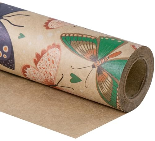 RUSPEPA Kraft-Geschenkpapierrolle – Minirolle – SchmetterlingsDesign, ideal für Geburtstage, Partys, Babypartys – 43,2 cm x 10 m