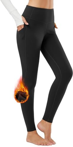 baleaf Women's Thermal Leggings with Pockets Fleece Lined Yoga Pants Winter Warm High Waisted Trousers Black L