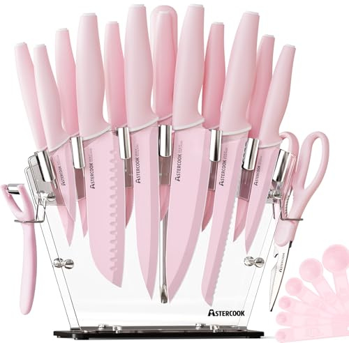 Astercook Knife Set with Block and Sharpener, 22 Piece Kitchen Knife Set Dishwasher Safe, Space-Saving Clear Knife Block with Knives for Everyday Home Cooking Mothers Day Gifts Pink
