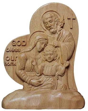 Figura de madera con forma de corazón católico de la Sagrada Familia tallada