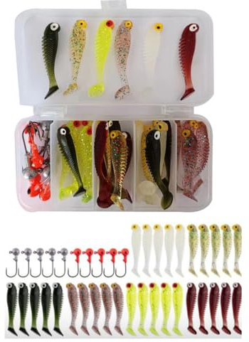 FOLANDO 30PCS Fishing Soft Lures Kit, Soft Plastic Lures with Jig Heads & Hooks, Artificial Fishing Baits for Sea Bass, Perch, Pike & More