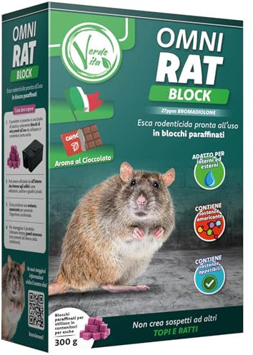 Verdevita Veleno per Topi Potente in Blocchi, Esca topicida pronta all'Uso, Aroma al Cioccolato ad Alto Potere attrattivo, per Topi e ratti di Ogni Dimensione, qualit Made in Italy, 300 gr