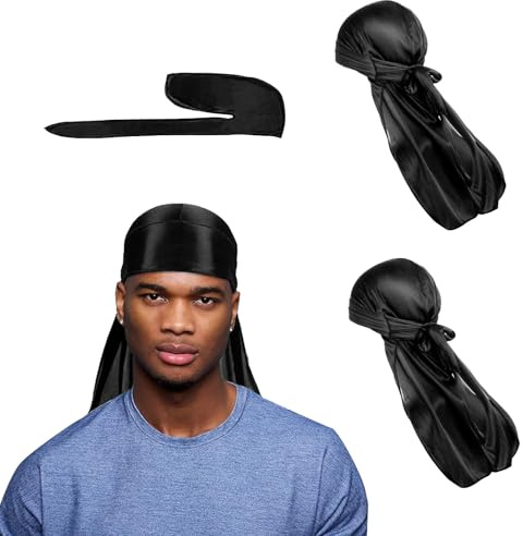Jiujuda9 2 pañuelos de seda Durag Men Durag Negro para hombres y mujeres, pañuelo pirata para trenzas onduladas, para Do Rags Silk Du Rags con cola larga