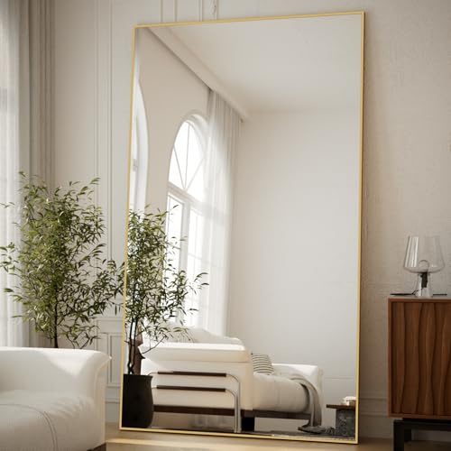 BEAUTYPEAK Large Full Length Mirror, 218x102 cm Oversized Full Body Mirrors with Stand, Standing or Wall-Mounted Floor Mirror with Aluminum Alloy Frame for Bedroom, Living Room, Gold