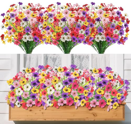 Yueshop 18 Bundles Artificial Flowers, UV Resistant Artificial Flowers Fake Plants Outdoor, 6 Colors Realistic Faux Plastic Spring Flower in Pots Indoor for Home Garden Porch Balcony Window Box Decor