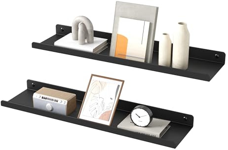 SONGMICS Étagères Murales en Métal, Lot de 2, Tablettes Flottantes, Style Industriel, pour Décorations, Cadres Photos, Bibelots, 4 Vis Incluses, Agencements Multiples, Noir d'encre LFS014BH01
