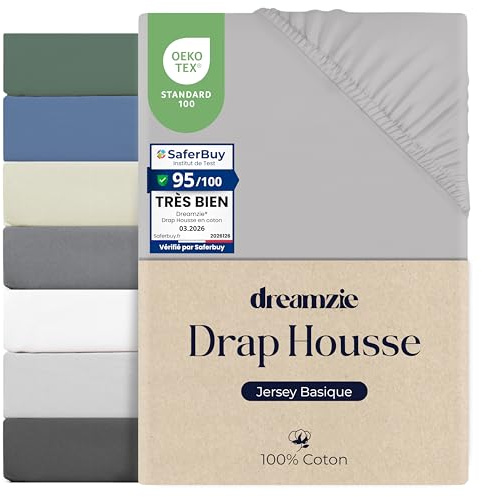 Dreamzie Drap Housse 70x190/200 Coton, Jersey Extensible, Bonnet 15 cm, Adapté aux Matelas Jusqu’à 12 cm, Certifié Oeko-Tex, Hypoallergénique - Gris
