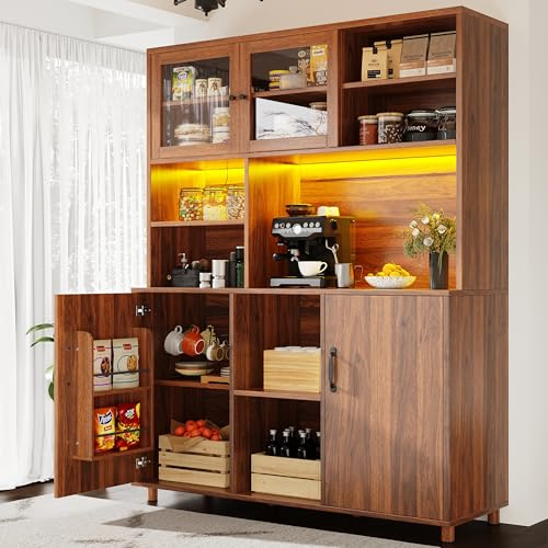 BTM Kitchen Dresser and Display Cabinets Tall Kitchen Cupboard with Glass Doors & LED Lights, Coffee Station Cabinet, Walnut Look