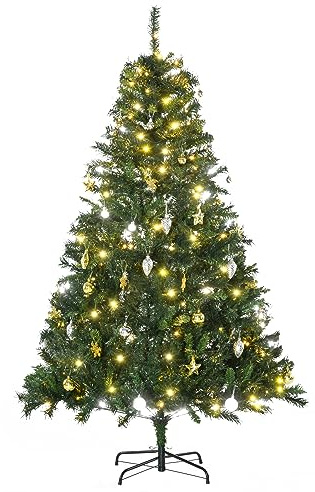 HOMCOM Künstlicher Weihnachtsbaum 180 cm künstlich Tannenbaum mit LED Beleuchtung, Kugeln, Christbaum mit 745 Spitzen, Weihnachtsdeko inkl. Metallständer für Drinnen