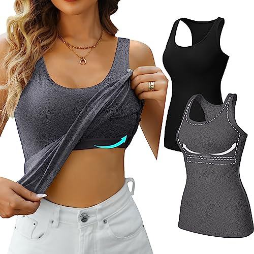 V FOR CITY Shelf Bra Tank Tops for Women Racerback Yoga Shirts Sleeveless Cotton Layering Camis 2 Pack Black/Gray M
