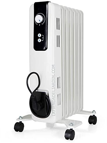 Riscaldatore ad olio con 7 elementi. Potenza massima di 1.500 W. Termostato regolabile. 3 potenze di riscaldamento: 600 W - 900 W - 1500 W.