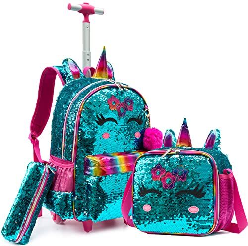 Egchescebo School Bags Kids Rolling Unicorn Backpack With Wheels Trolley Wheeled Backpacks for Girls Travel Bags 3PCS Cat Backpack With Lunch Green