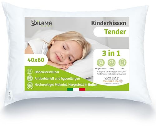 Dilamababy - Kinder Kopfkissen 40x60 cm höhenverstellbar - Ergonomisches Kinderkissen mit Faserbällchen - 100% Baumwolle Perkal Öko-Tex - Hypoallergen, Anti-Milben & Waschbar