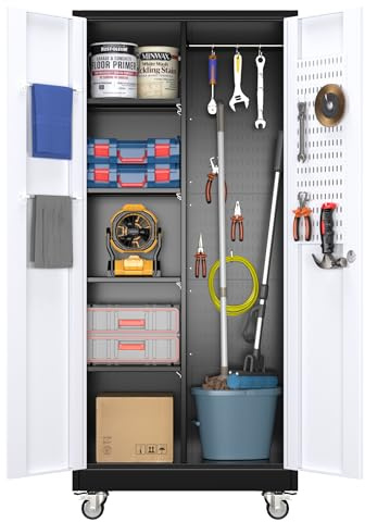 SUXXAN Broom Closet Storage Cabinet, Metal Cabinets with 13 Hooks and Hanging Rods, 71 Metal Storage Cabinet, Heavy Duty Cleaning Cabinet for Garage, Laundry Room