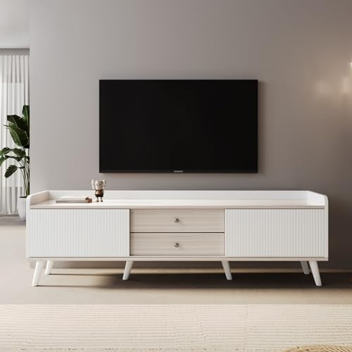 Moimhear Mueble de TV con dos cajones, mesa de televisión, mueble bajo de TV con dos puertas correderas. Textura exquisita. Color blanco y madera natural. H58/L160/T40 cm.