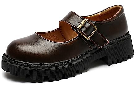 BB BEROBELLO FASHION IS AN ATTITUDE Women's Platform Mary Janes Chunky Heeled Uniform Dress Pumps Shoes, Brown, 5 UK