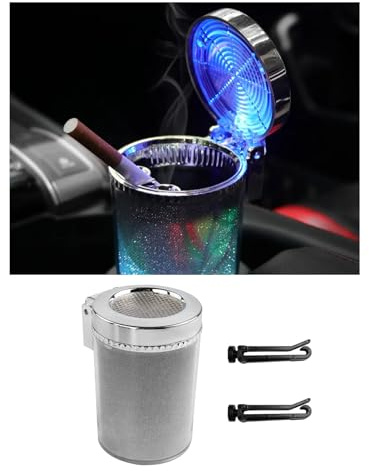 Dickno Car Ashtray with Blue LED Light, Smell Proof Smokeless Auto Ashtray with Lid, Portable Mini Car Trash Can, Universal Vehicle Cup Holder Air Vent Ashtray for Car Home Office (Colorful)