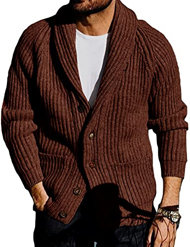 Runcati Cardigan pour homme en tricot épais, veste col châle, tricot torsadé, coupe ample, col en V, tricot, vêtement d'extérieur, marron, XL