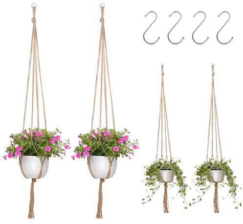 Littlegaofeithing 4Pcs Paquets Suspension Plante Macramé,Panier Suspendu en Macramé avec 4 Crochets en S,pour Intérieur, Extérieur, Jardin, Balcon, Patio, Fenêtre
