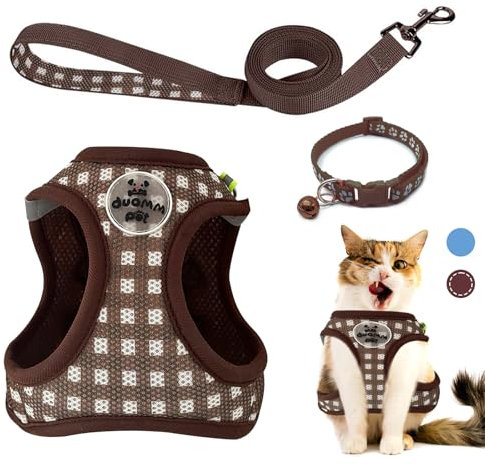 VINEST Katzengeschirr mit Leine Ausbruchsicher für 2,5-5,5kg, 150cm Reflektierende Katzenleine mit Geschirr für Katzen Welpen, Weich Mesh Katzengeschirr Ausbruchsicher mit Katzenhalsband (Braun, XS)