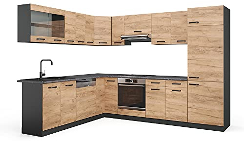 Vicco Eckküche R-Line, Goldkraft Eiche/Anthrazit, 287 x 60 cm, AP Anthrazit, zur individuellen Erweiterung mit kompatiblen Zusatzmodulen