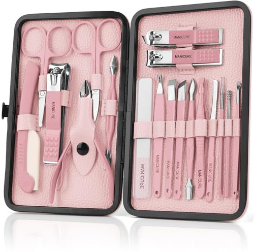 OWill Set de manicura y pedicura,18 Piezas cortaúñas,kit uñas profesional,kit manicura con caja de cuero,pedicura profesional para pies para hombres mujeres amigos y padres(rosa)