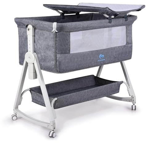 Bellababy Beistellbett Baby,Bett Bassinet/Babybett/Babywiege, Einfache Faltbare Tragbare Krippe mit Wickeltisch, Verstellbare Tragbare Bett für Säugling/Neugeborene (Dunkelgrau)