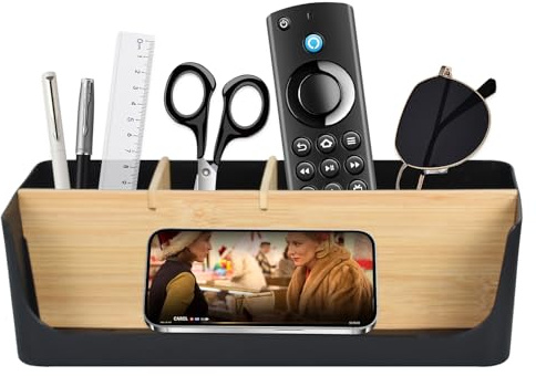 Dokeno Organiseur de Bureau 4 Compartiments en Bambou, Noir Stylo de Bureau en bois, Grand Organiseur avec Compartiments Amovibles pour école, Maison, Cosmétiques, Notes Autocollantes