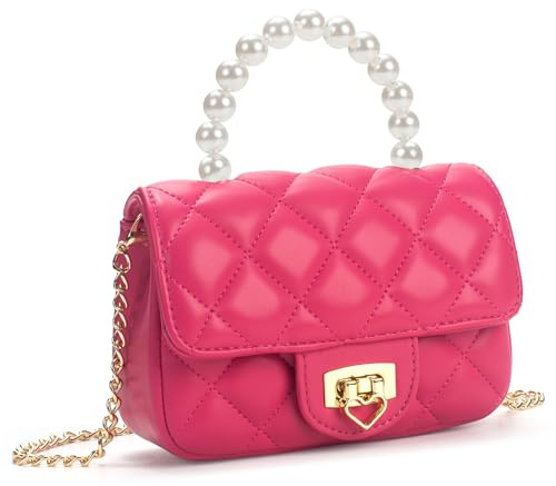 LJCTULY Kids Purses for Girls, Hot Pink Purse with Pearl Handle, Toddler Heart Crossbody Bags, Kids Handbag with Chain Strap, Birthday Gifts for Girls