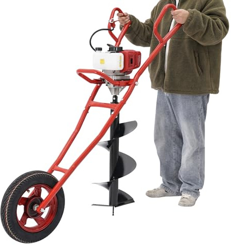 LENDISIY Trivella a benzina, 52 CC 1,46 KW 2 tempi con ruote, trapano a benzina, trapano da giardino, serbatoio del carburante da 1 l, 8800 ± 300 rpm, Earth Auger con carriola (rosso)