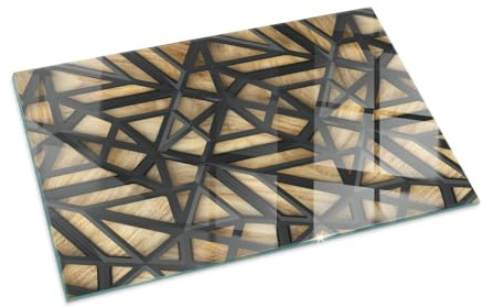 Eldstad golvskydd glas tryck | kaminplatta dekorativ | härdat värmebeständig panel | gnistskydd braskamin | stilrent hem - 100x70cm - Geometri med trä