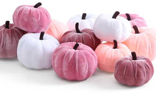 XIANNVXI 12 Pcs 3 Colours Pink White Small Velvet Pumpkins for Halloween | Artificial Fake Pumpkin Decoration Faux Fabric Foam Pumpkin for Halloween Decorations Indoor Outdoor Thanksgiving