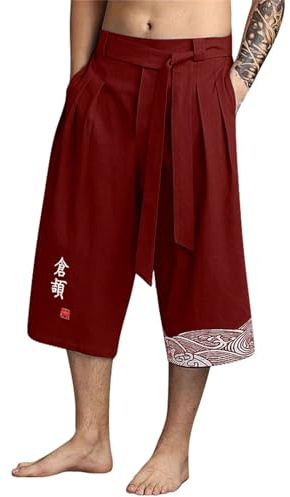 2025 Pantalon Japonais Homme Baggy 3/4 Pantalon Court Taro pour Hommes en Lin Vêtements Asiatiques Kimonos Traditionnels Japonais avec Cordon de Serrage Pantacourt DéContracté, Ample, Style Japonai