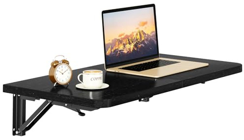 IBUYKE Wall Mounted Folding Table, Floating Wall Desk for Small Spaces, Fold Down Laundry Shelf with Heavy-Duty Brackets, Wall table for Home Office/Bar/Kitchen/Dining, Black UTVT005B